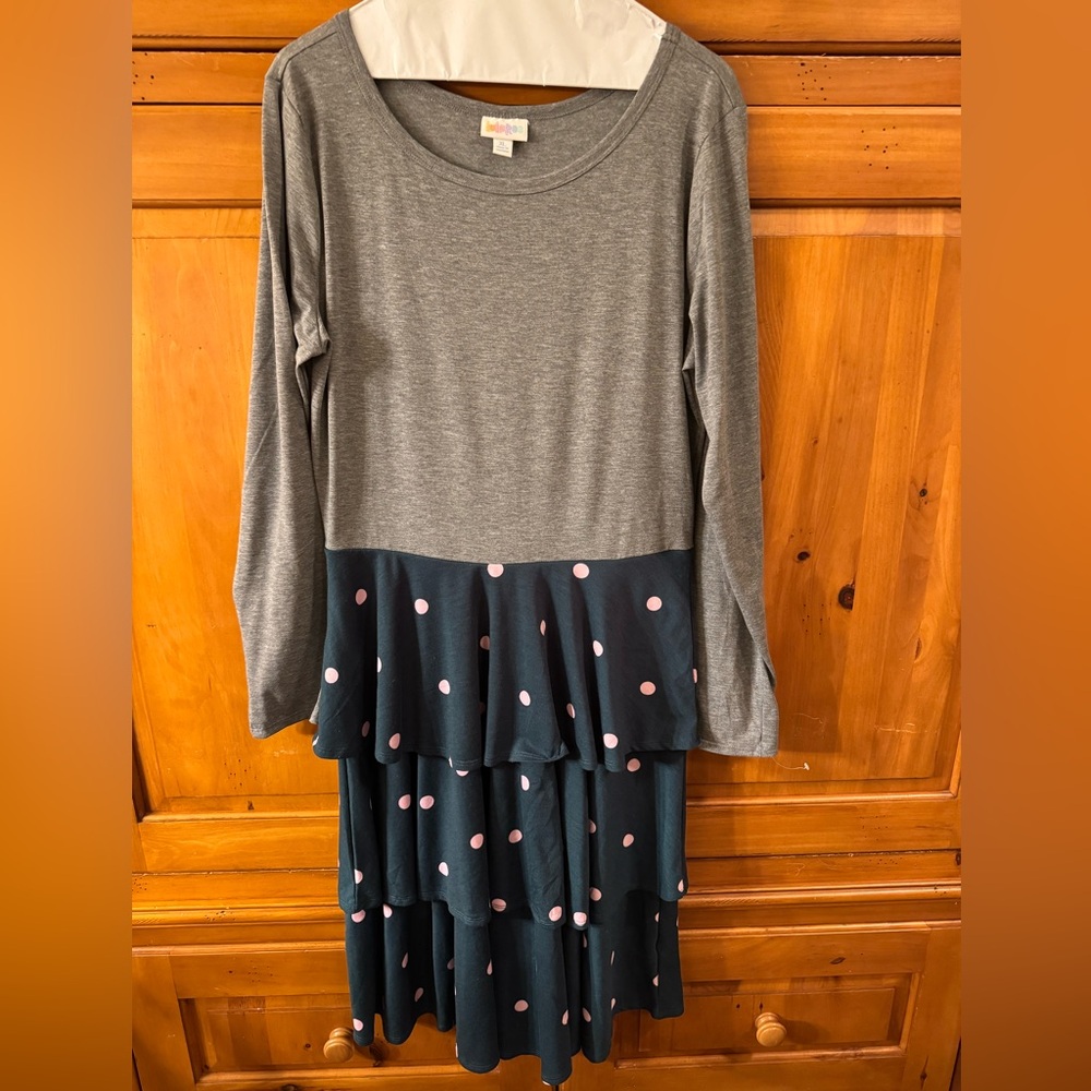 LuLaRoe Gray and Pink Polka Dot Long Sleeve Dress